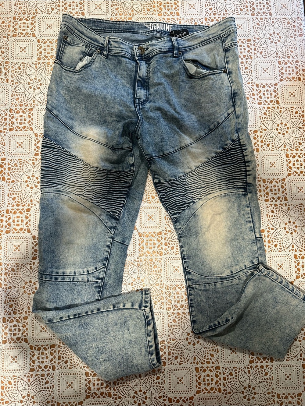 Genuine Men’s 36x32 Acid Wash Moto Biker Jeans Ribbed Knee Panels